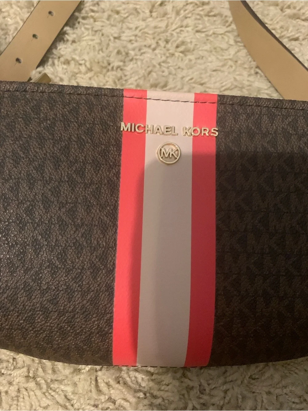 Michael Kors Brown Logo Belt Bag with Pink & Red Center Stripe